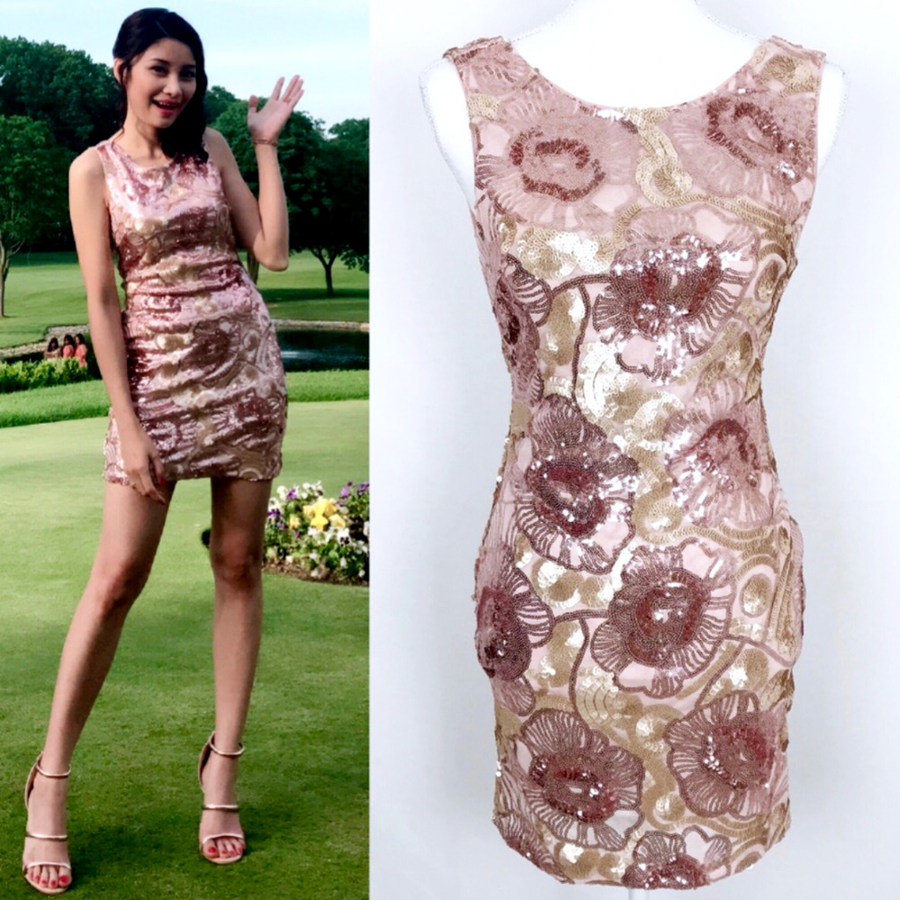 Ark & Co. Rose Pink Sequin Floral Short Dress Women Small Sleeveless Party Dress